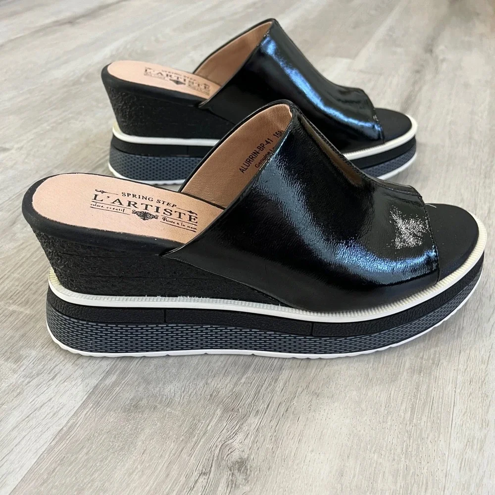 L'Artiste by Spring Step Allurin Platform Slide Sandals Black Wedding Sz 41 NWOT